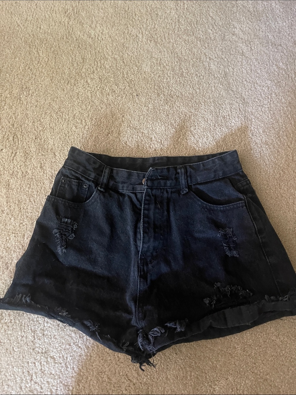 SHEIN Black Distressed High-Waist Denim Shorts